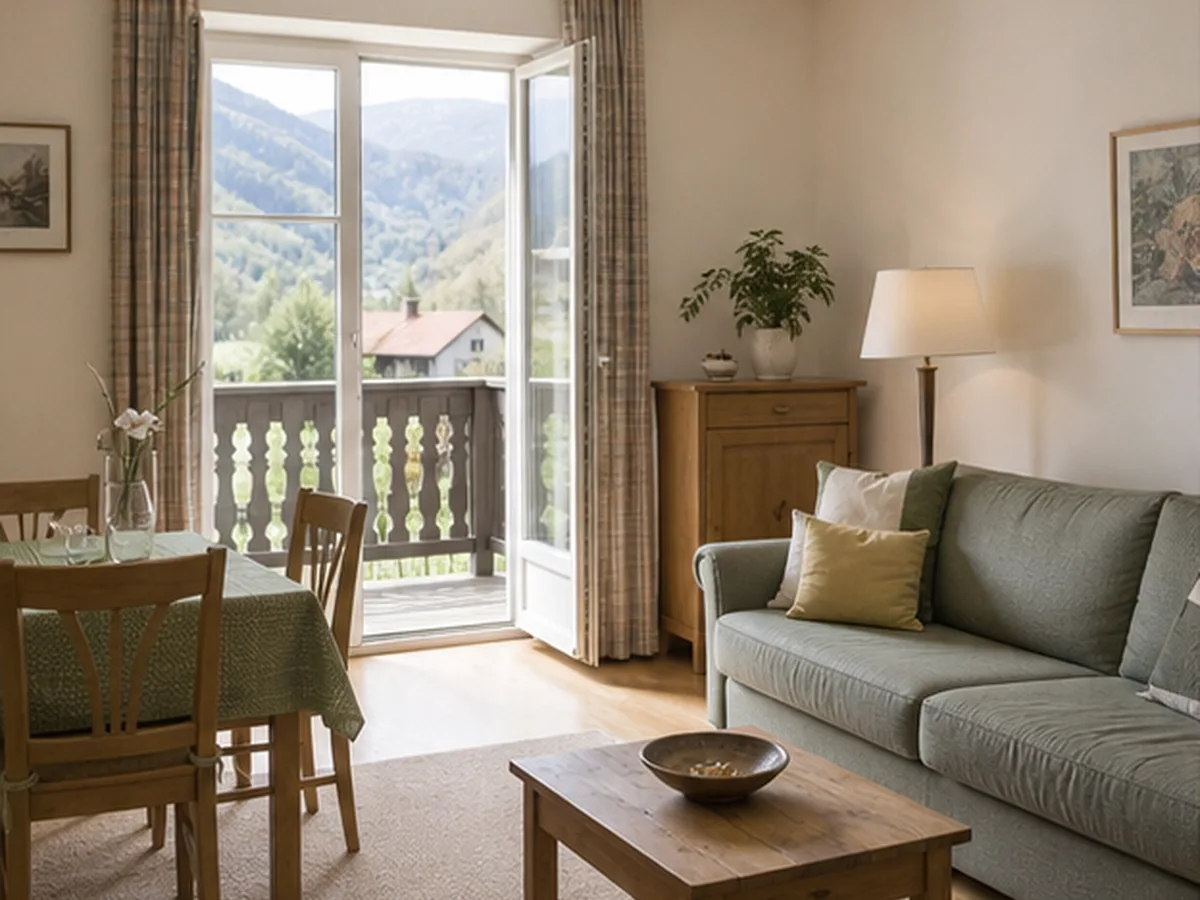 Heller Wohnraum einer Freizeitwohnung mit Balkon